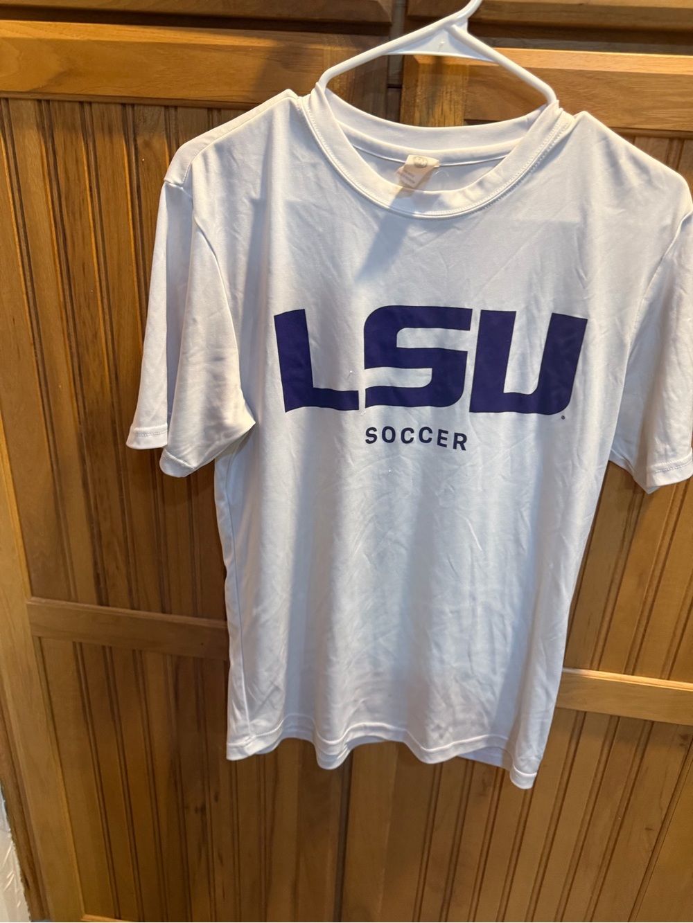 LSU Soccer White Tee with Purple Logo dri fit